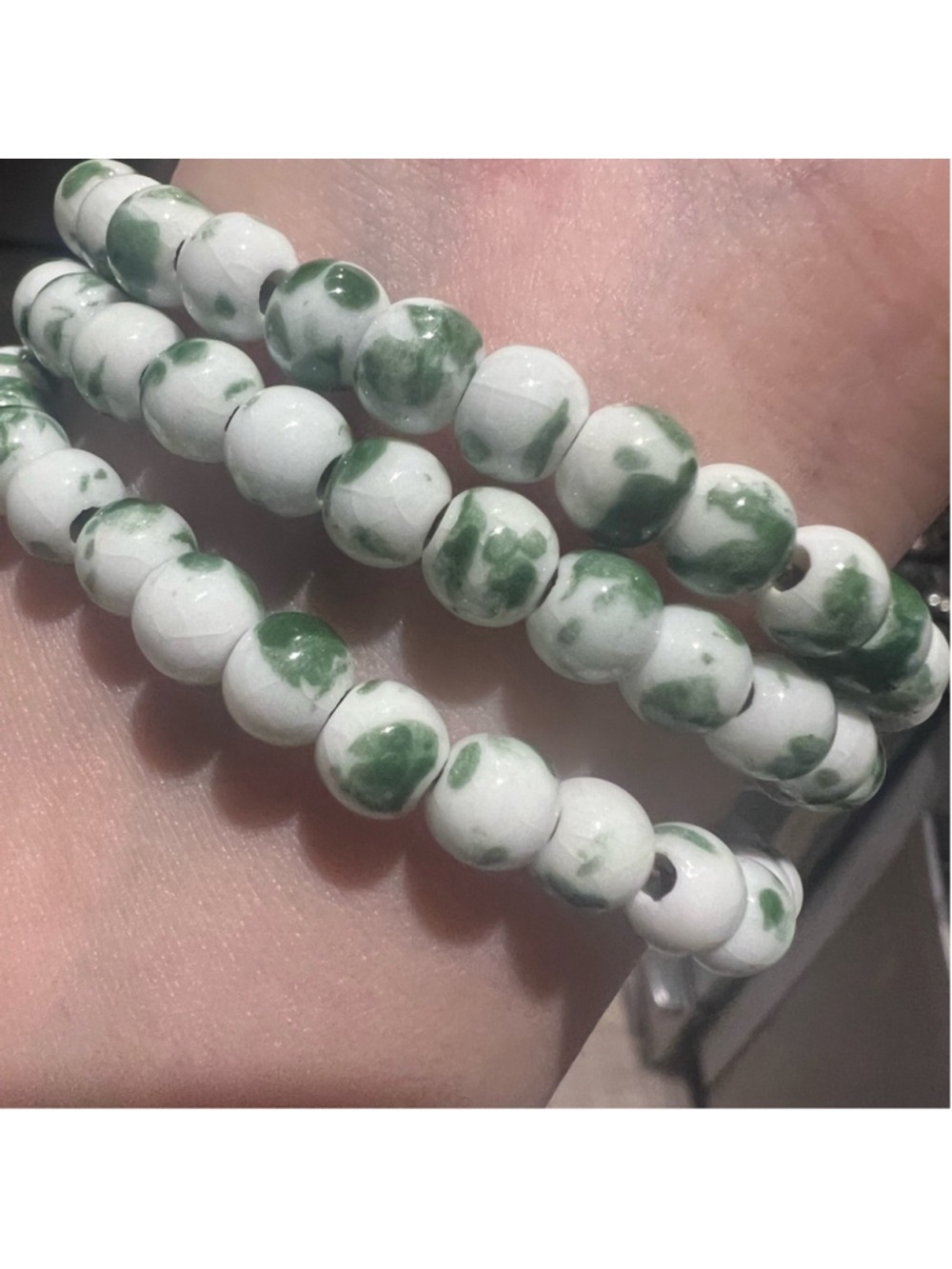 Ceramic Bead Wrap Bracelet White Green Porcelain Handmade Artisan Jewelry - Picture 1 of 5